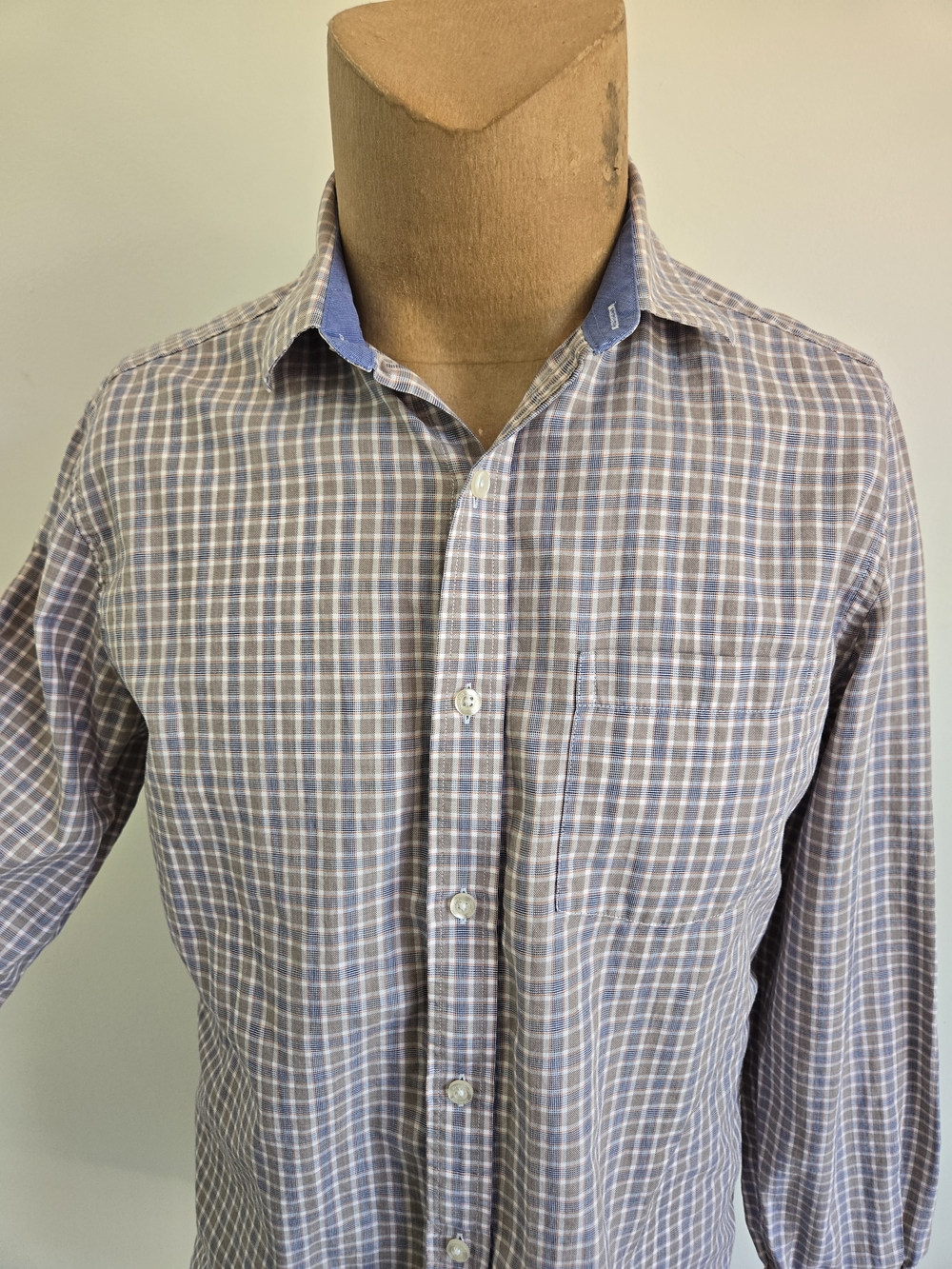 Johnston & Murphy Grey and Blue Plaid Button-Down Shirt
